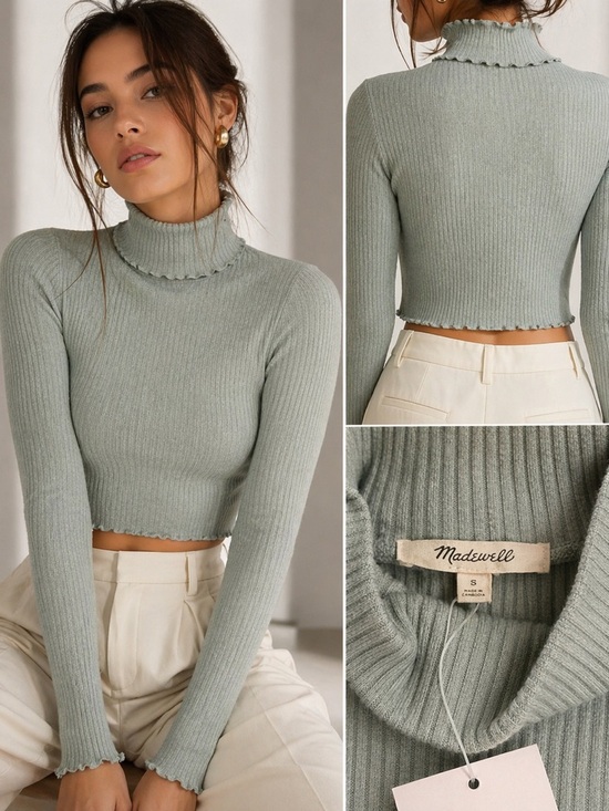 Madewell Sweaters - Madewell Sage Ribbed Mock Neck Cropped Sweater